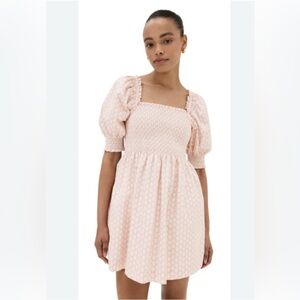 Hill House Pink Smocked Midi Dress with Puff Sleeves